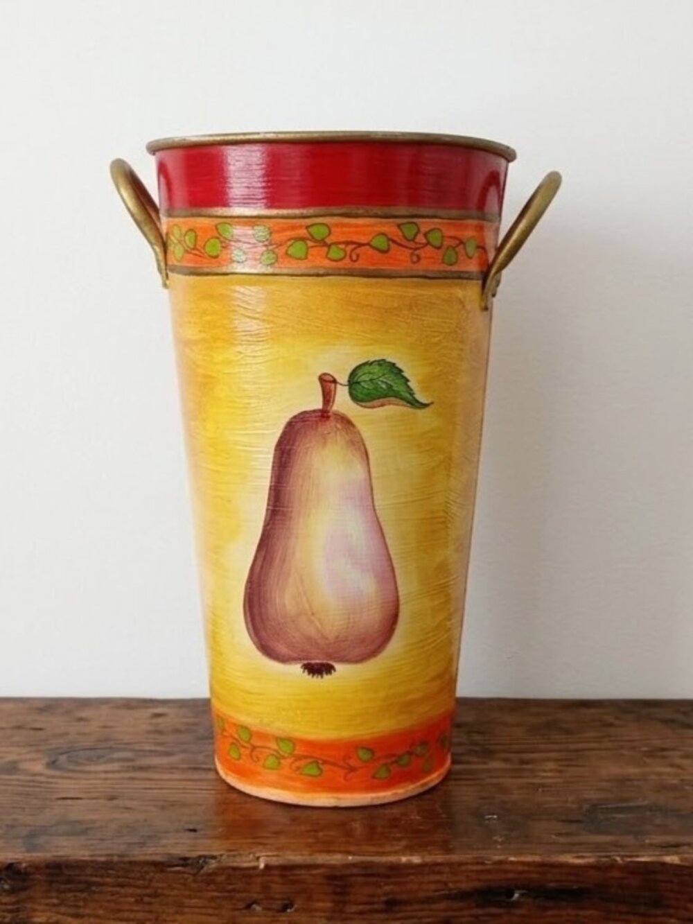 Vintage Foreside Metal Vase Hand Painted Pear Rustic Tuscan Tin Floral Pitcher